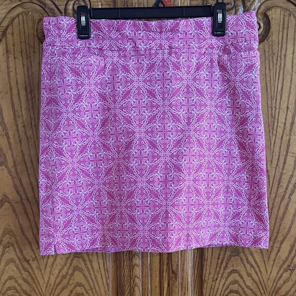 Kim Rogers Pink Mini Skirt with White Geometric Pattern
